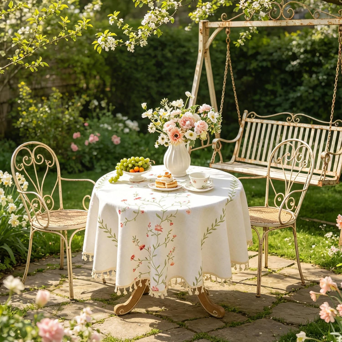 Pink Floral Embroidery 55" Round Tablecloth with Tassels