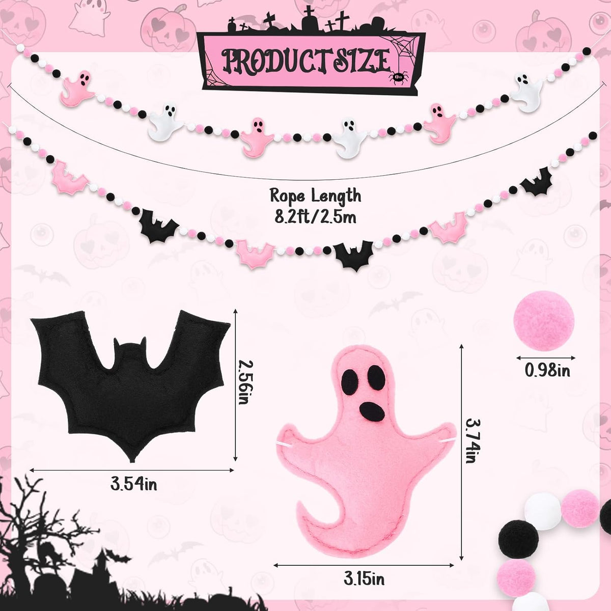 Thiccywoov 2 Pcs 8.2ft Pink Halloween Felt Garland, 3D Ghost Bat Ball Decor