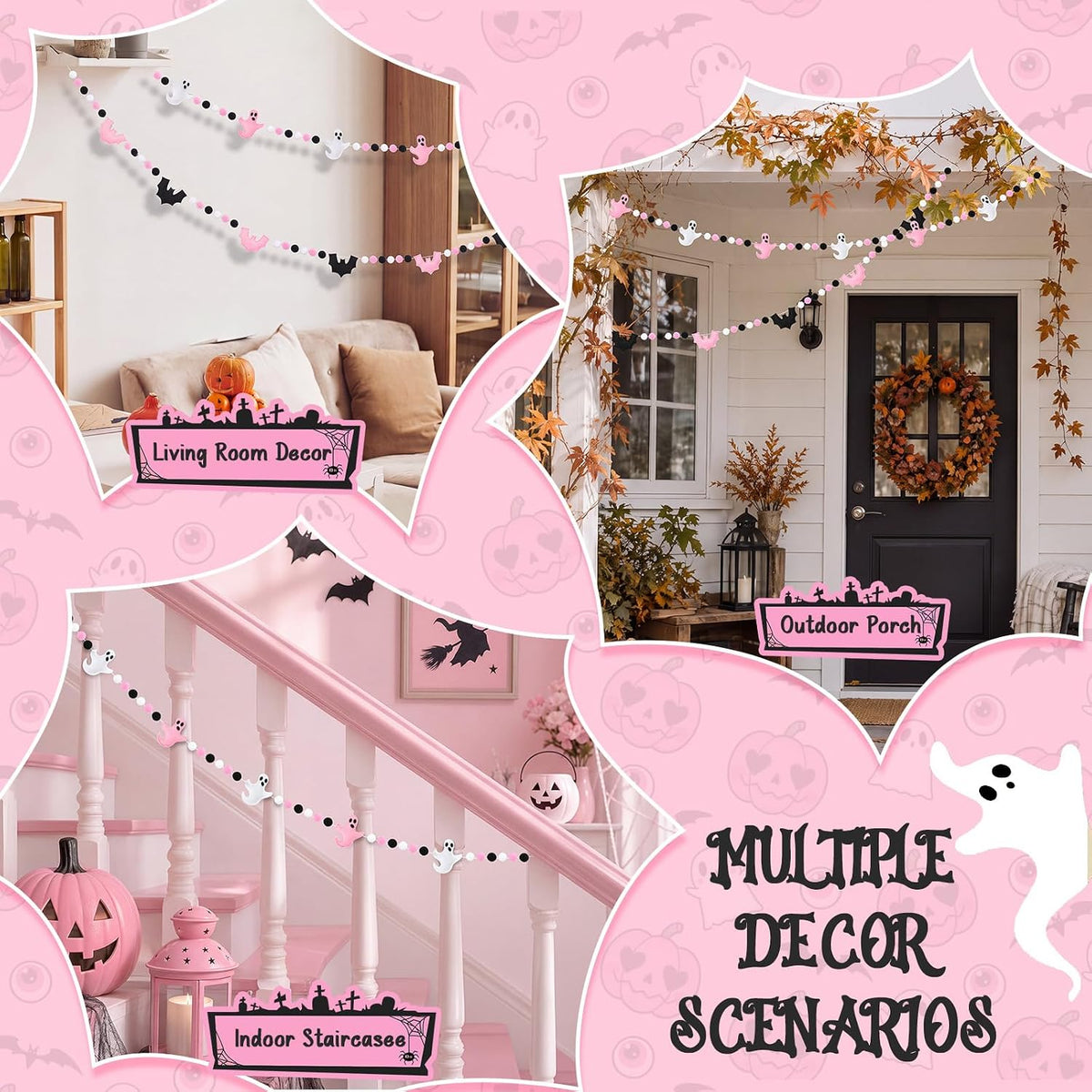 Thiccywoov 2 Pcs 8.2ft Pink Halloween Felt Garland, 3D Ghost Bat Ball Decor