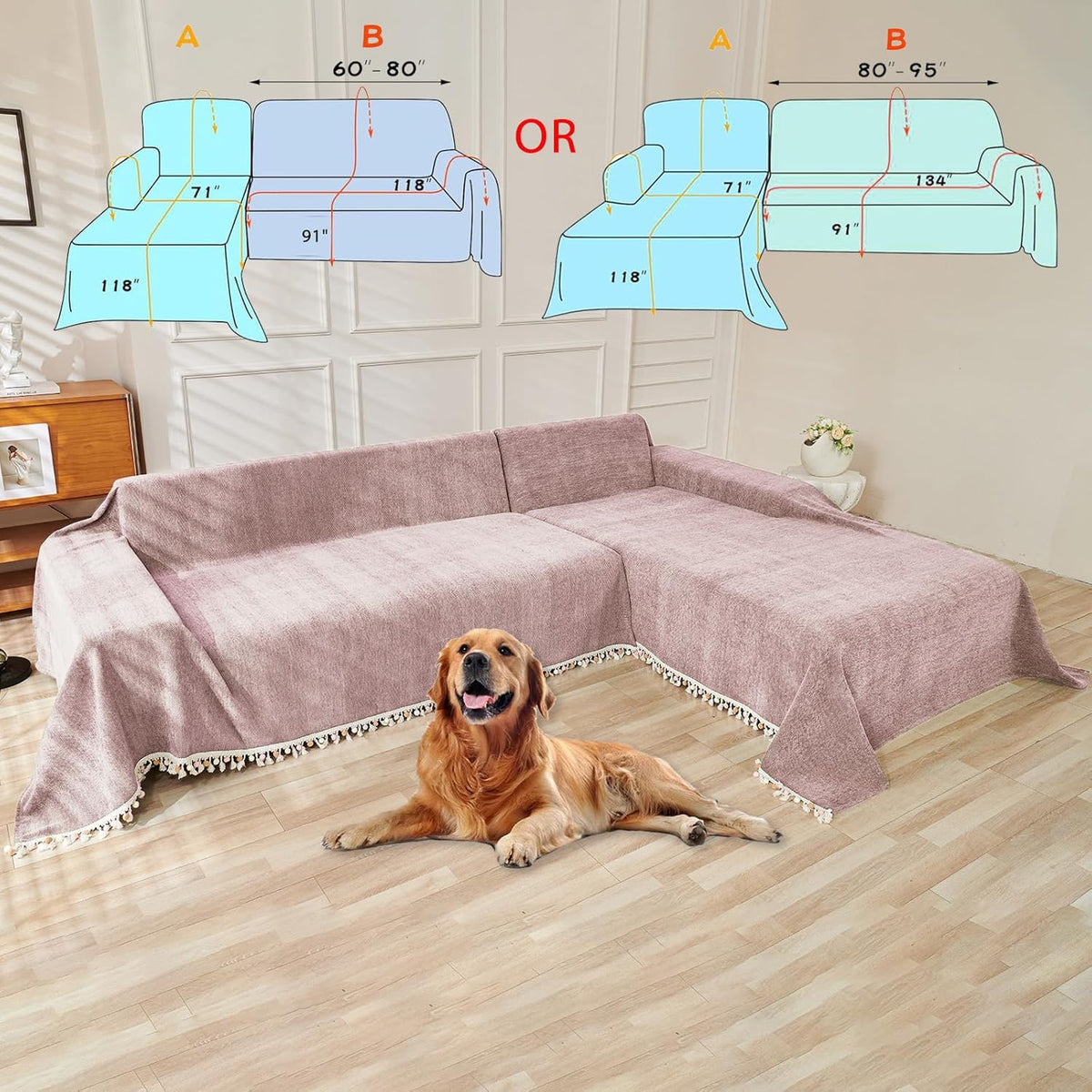 HANDONTIME Soild Couch Covers for Dogs Pink-Purple Sofa Covers Boho Cover for Sofa 3 Seats Chenille Sofa Throw Cover Mauve Sofa Covers for 3 Cushion Couch Tassel, Washable, Pet Friendly, 71" X134"