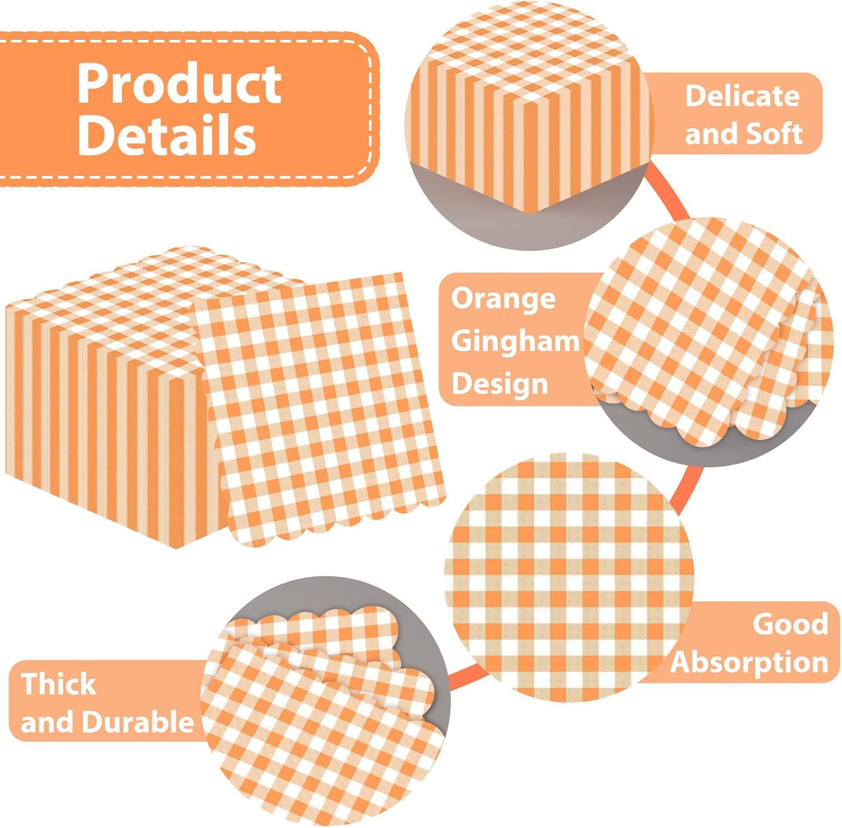 100 Pcs Orange Gingham Napkins Disposable - Orange and White Checkered Paper Napkins - Scalloped Plaid Napkin for Dinner Birthday Picnic Wedding Easter Party Supplies