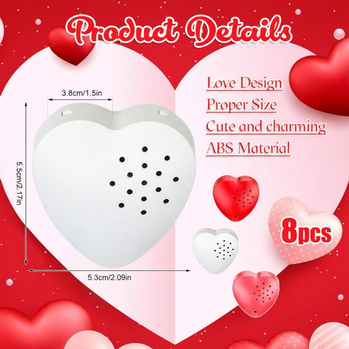 8 Pcs 20 Seconds Valentines Voice Recorder for Stuffed Animal Heart Shape Sound Recorder Push Button Recordable Device Sound Module for Gift Recording Voice Message（Red, Rose Red, Pink, White）