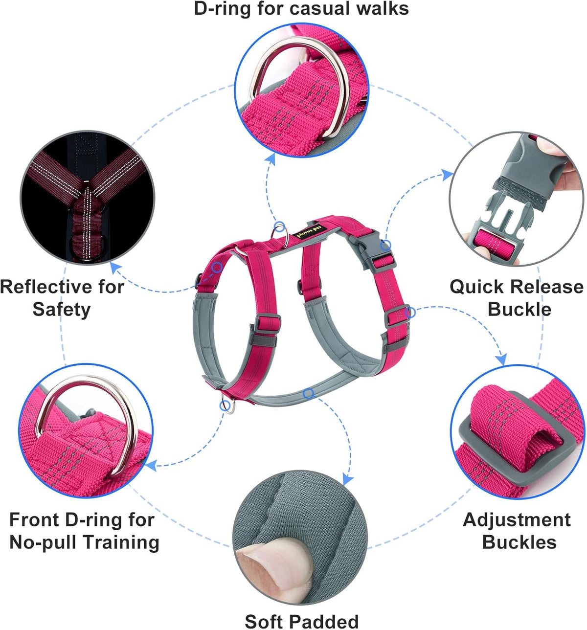 Plutus Pet No Pull Dog Harness, Adjustable Nylon Harness with Soft Padding, Reflective and Heavy Duty Dog Harness for Small, Medium, Large Dogs(Hot Pink, XL)