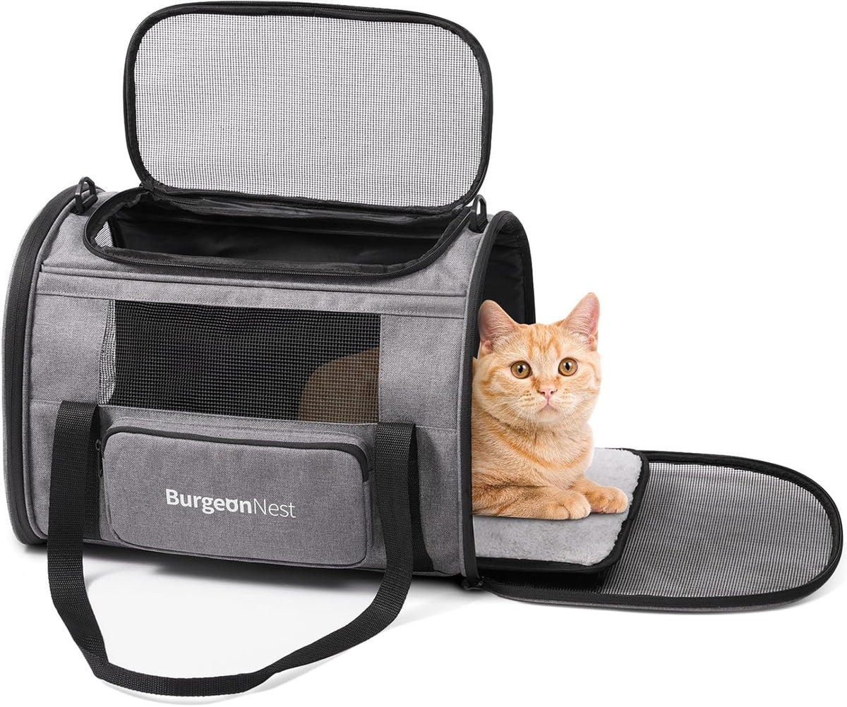 BurgeonNest Pet Carrier for Large Cats, Soft-Sided Cat Carrier for Big Cats and Small Dogs Up to 20 lbs, Top Loading Collapsible Escape-Proof Travel Cat Bag with 4 Mesh Windows & Side Storage, Grey