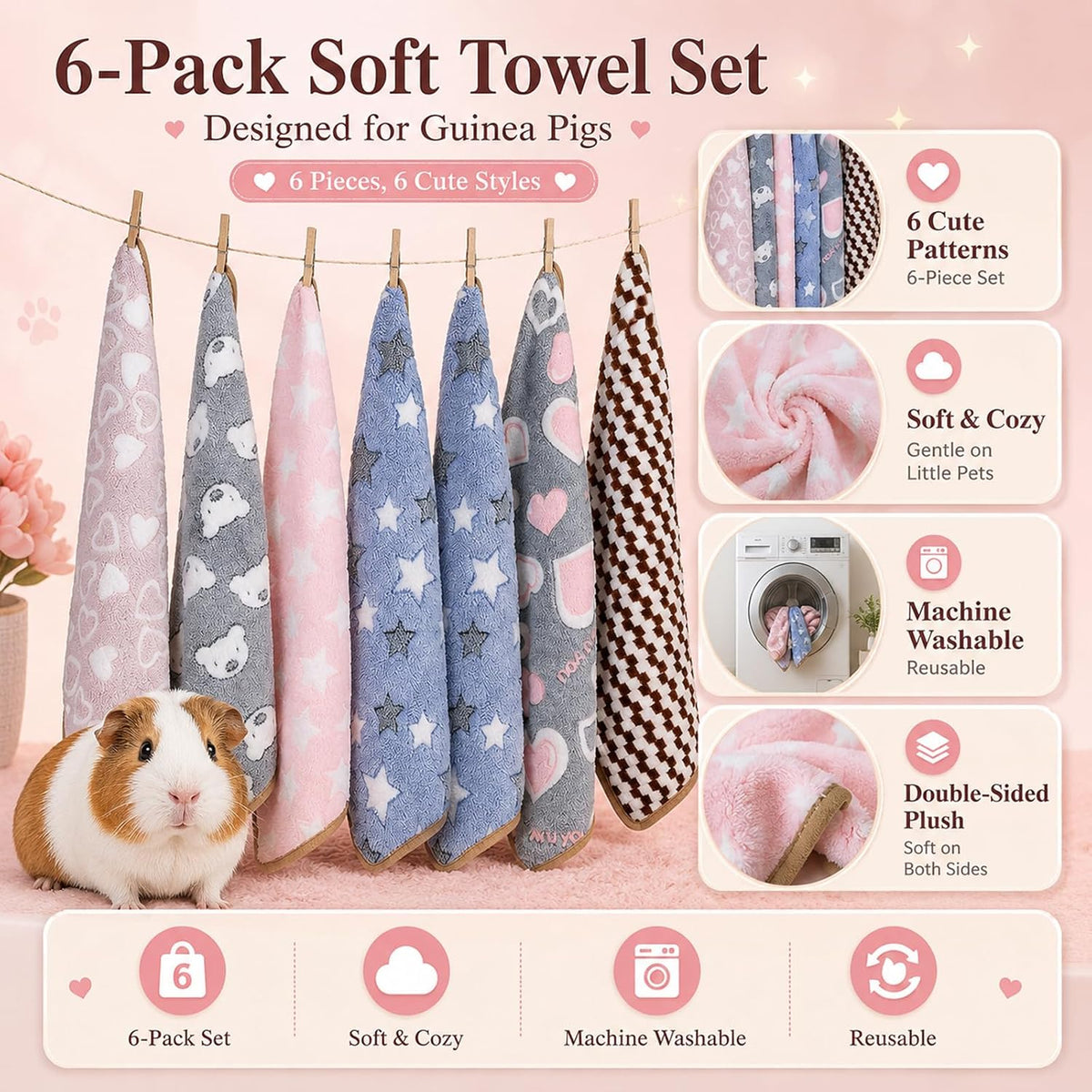 Grddaef Guinea Pig Fleece Blankets 6 Pieces Waterproof & Washable Small Animal Cage Liners Sleep Mat Bedding Pad for Hamster Chinchilla Rabbit Hedgehog (S-7.9 x 7.9 Inch)