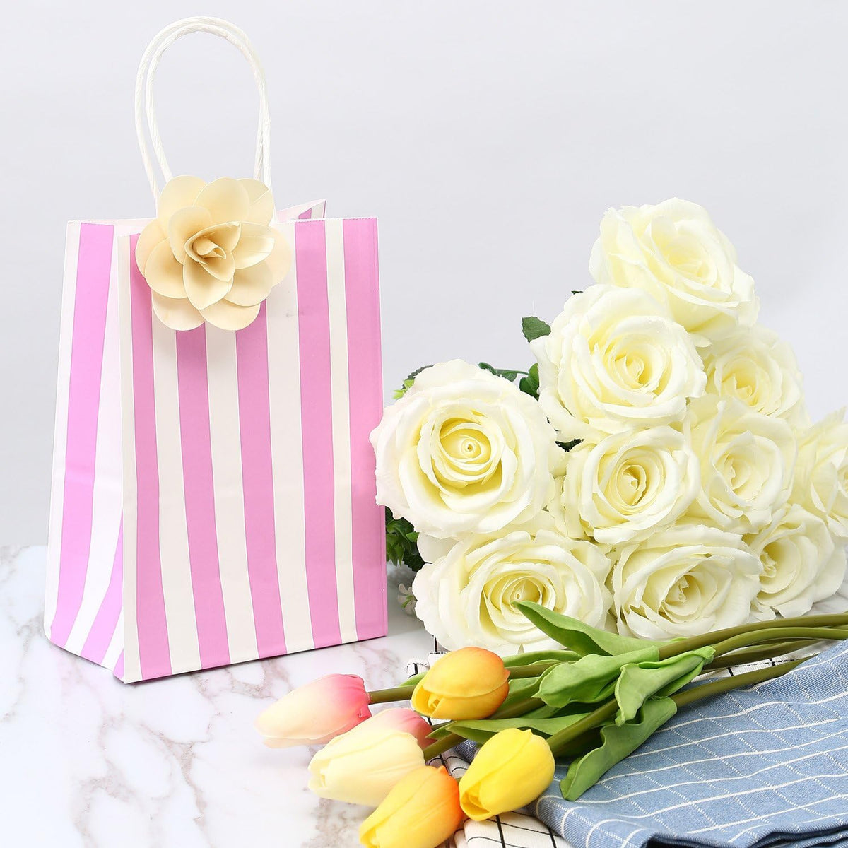 Small Gift Bags with Handles,50pcs Kraft Paper Bags Bulk,Pink Strips