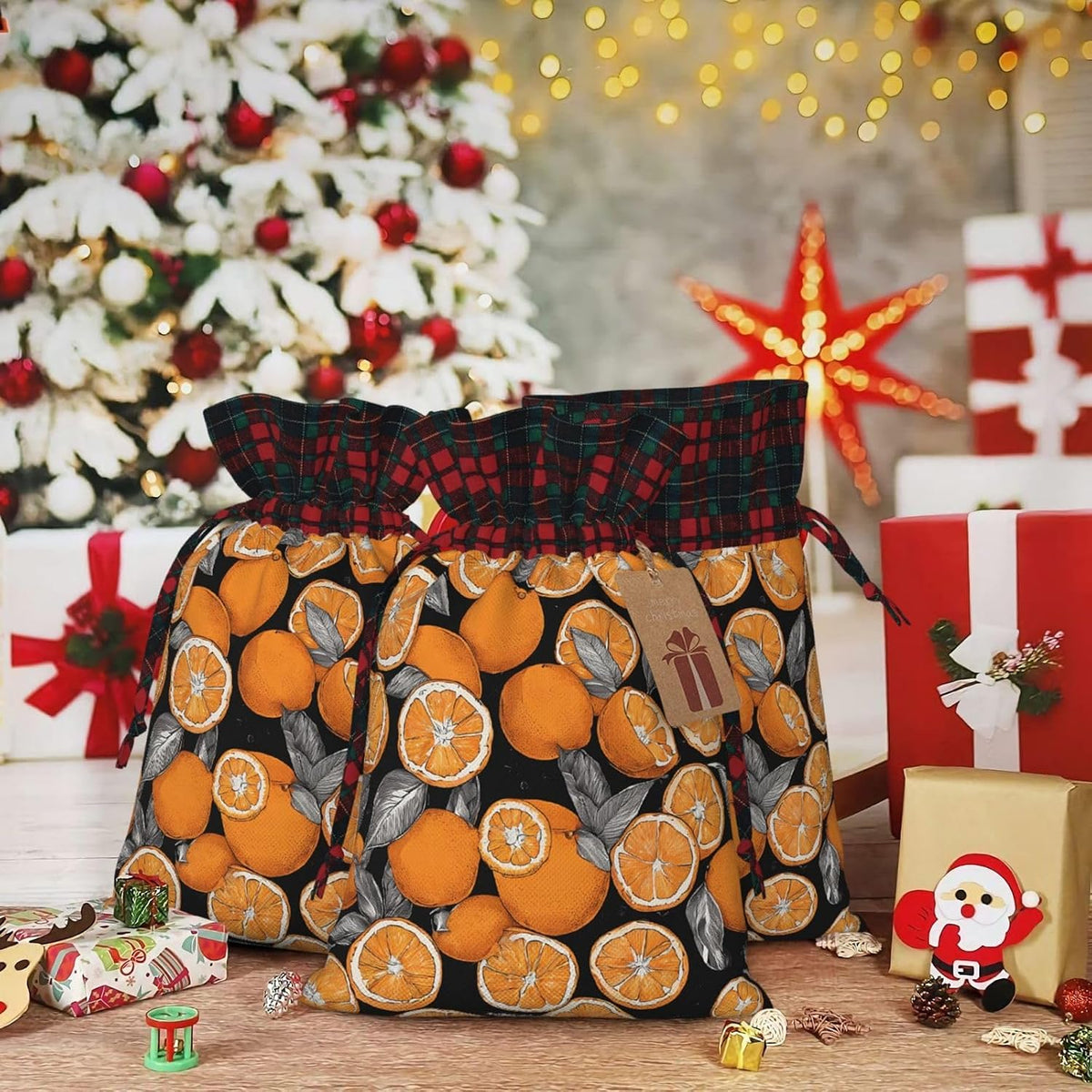 DCEHGEW Drawstring Gift Bags (Colorful Peach) Print Present Wrap Bags 11.8 x 8.3 inches Reusable Pouches Cloth Storage Bag for Christmas Wedding Birthday Parties Anniversary Supplies