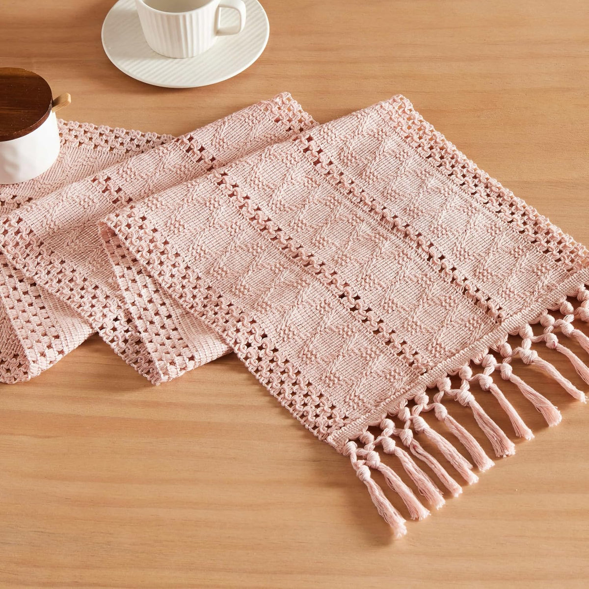 ZeeMart Macrame Style Boho Table Runner, 12x36 Inch Light Pink
