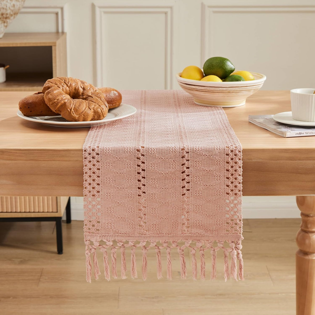ZeeMart Macrame Style Boho Table Runner, 12x36 Inch Light Pink