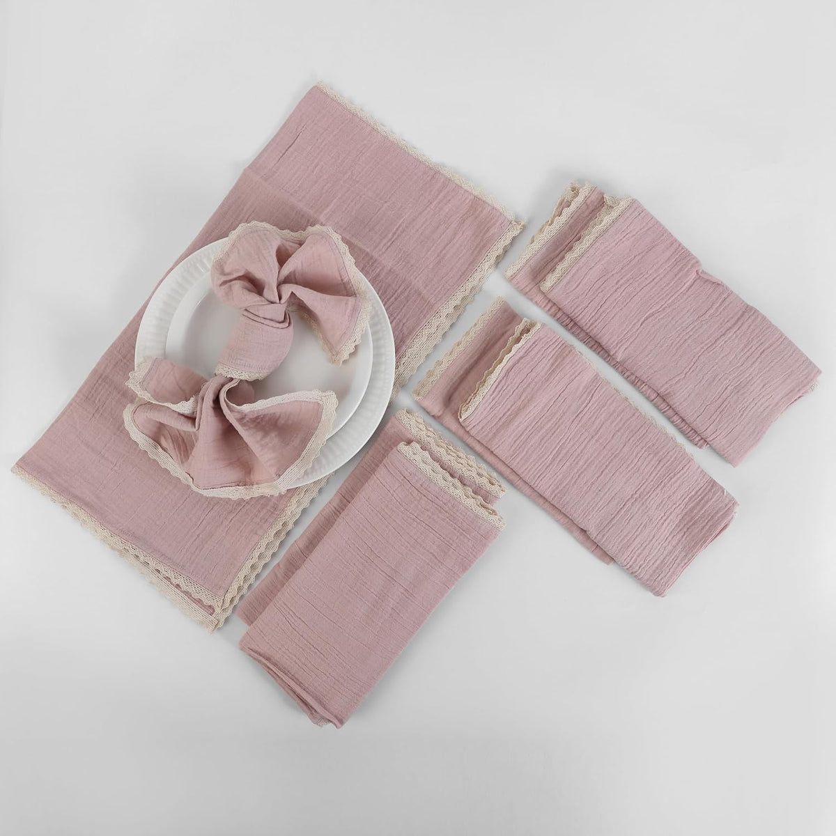 Table Napkins Set of 8 – 100% Cotton Fabric 20x20 Inches with Mitered Corners and Stylish Lace – Pre-Shrunk Highly Absorbent Reusable Cloth Napkins for Daily Use (Peach Wipe)