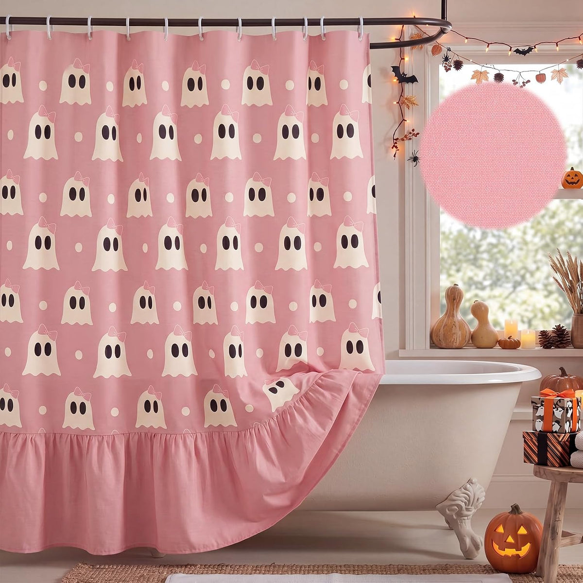 Ruffle Shower Curtain, Pink Halloween Ghost Bathroom Decor