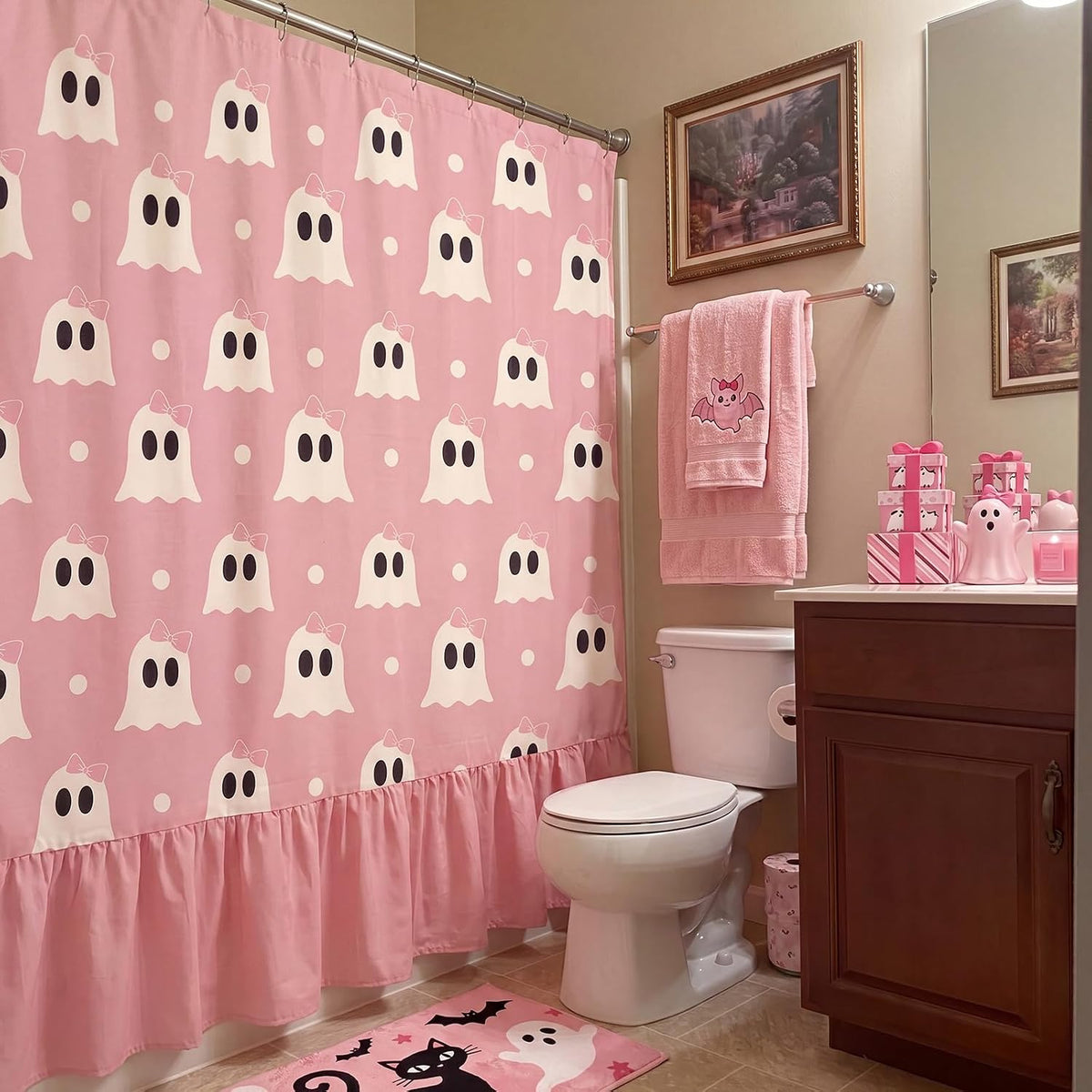 Ruffle Shower Curtain, Pink Halloween Ghost Bathroom Decor