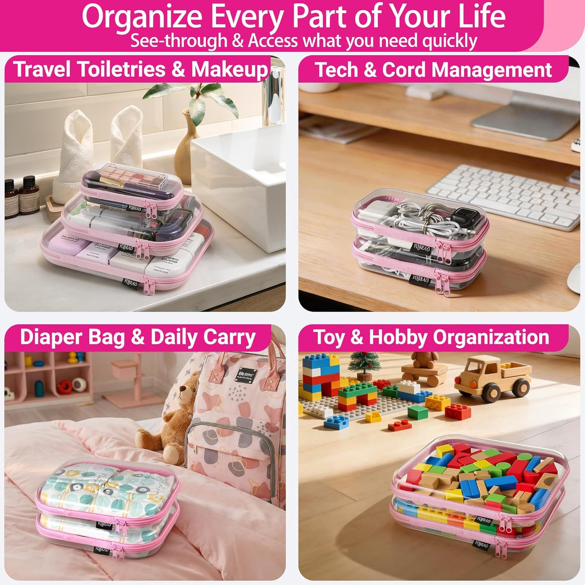 Clear Hard Shell Organizer Case Set, 3-Pack, Pink