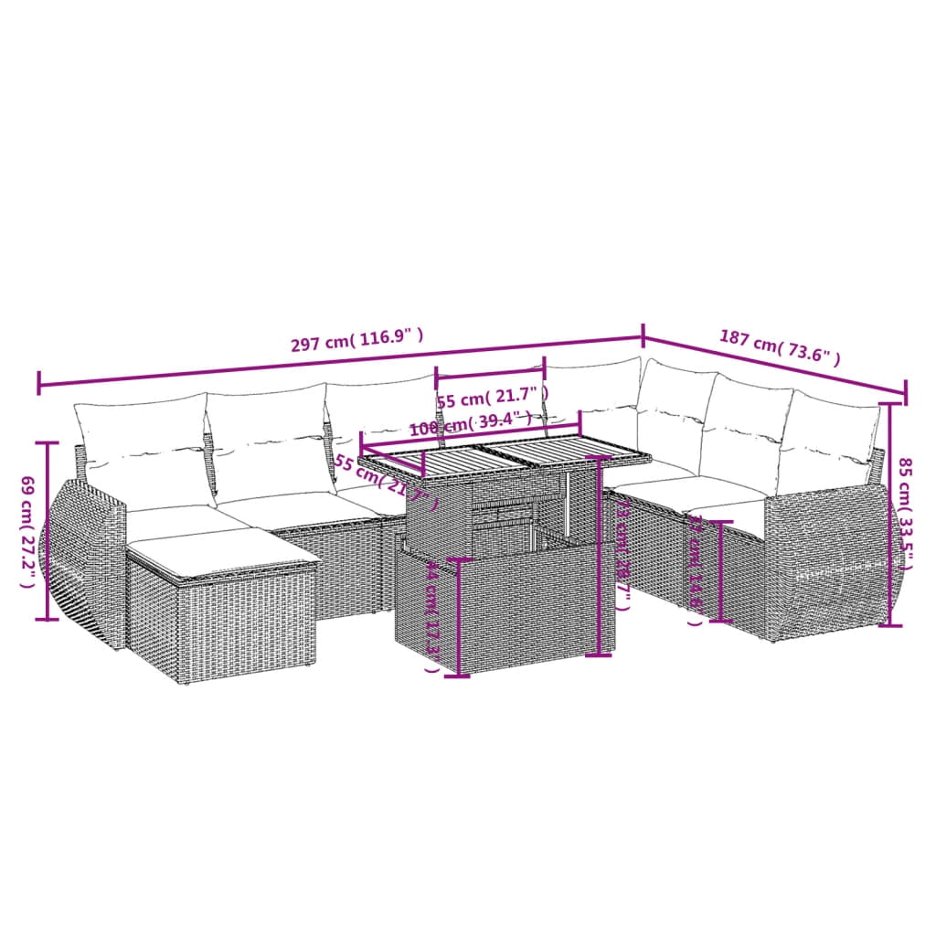 vidaXL Garden Sofa Set Black PE rattan Large Adjustable Feet