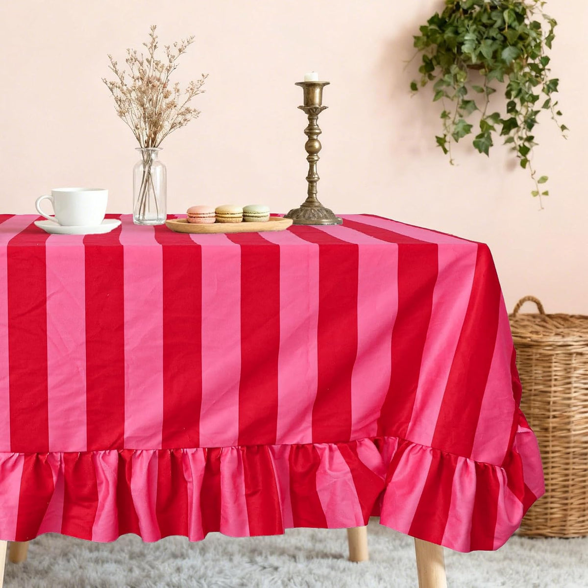 Ruffle Tablecloth Table Cloth Boho Pink Red Striped Rectangle Decorative Table Cover for Home Kitchen Baby Shower Party Wedding Decor, 60 x 120 Inch