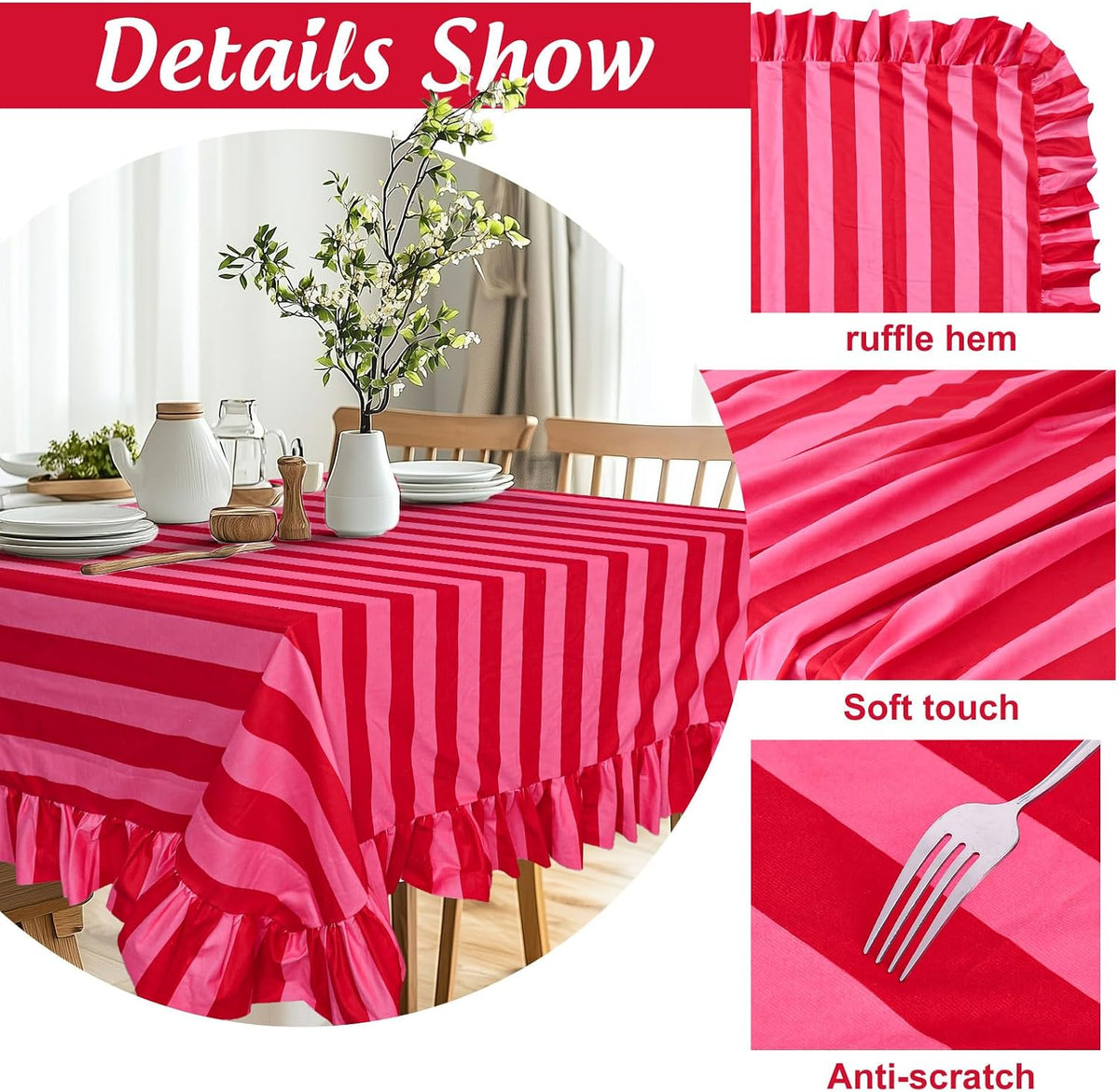 Ruffle Tablecloth Table Cloth Boho Pink Red Striped Rectangle Decorative Table Cover for Home Kitchen Baby Shower Party Wedding Decor, 60 x 120 Inch