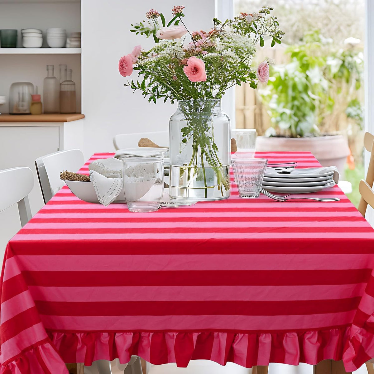 Ruffle Tablecloth Table Cloth Boho Pink Red Striped Rectangle Decorative Table Cover for Home Kitchen Baby Shower Party Wedding Decor, 60 x 120 Inch
