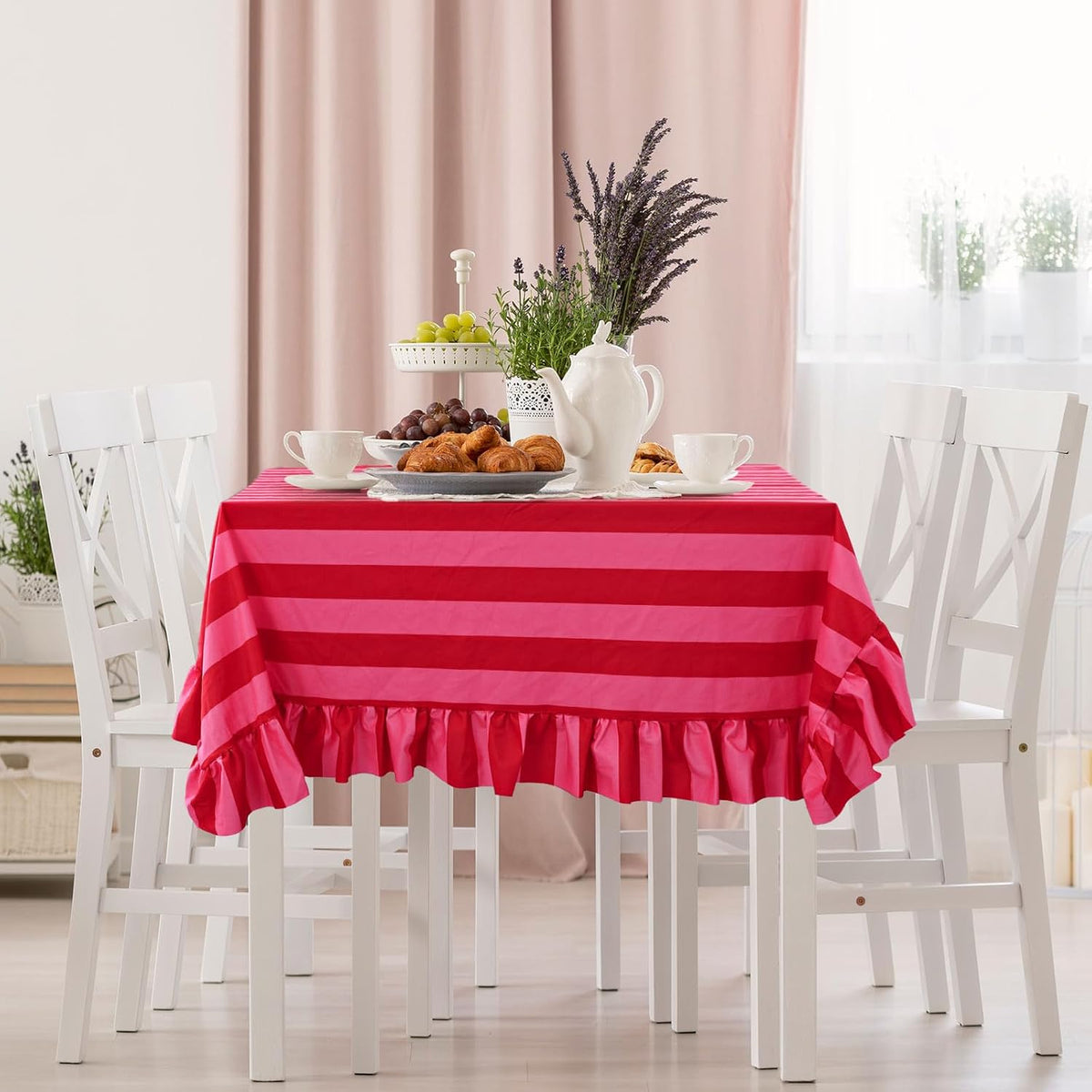 Ruffle Tablecloth Table Cloth Boho Pink Red Striped Rectangle Decorative Table Cover for Home Kitchen Baby Shower Party Wedding Decor, 60 x 120 Inch