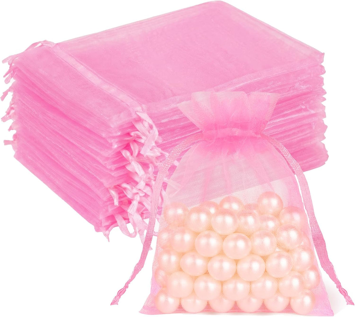 50 Pcs Organza Bags 3x4, Pink Small Mesh Gift Bags Drawstring Bulk