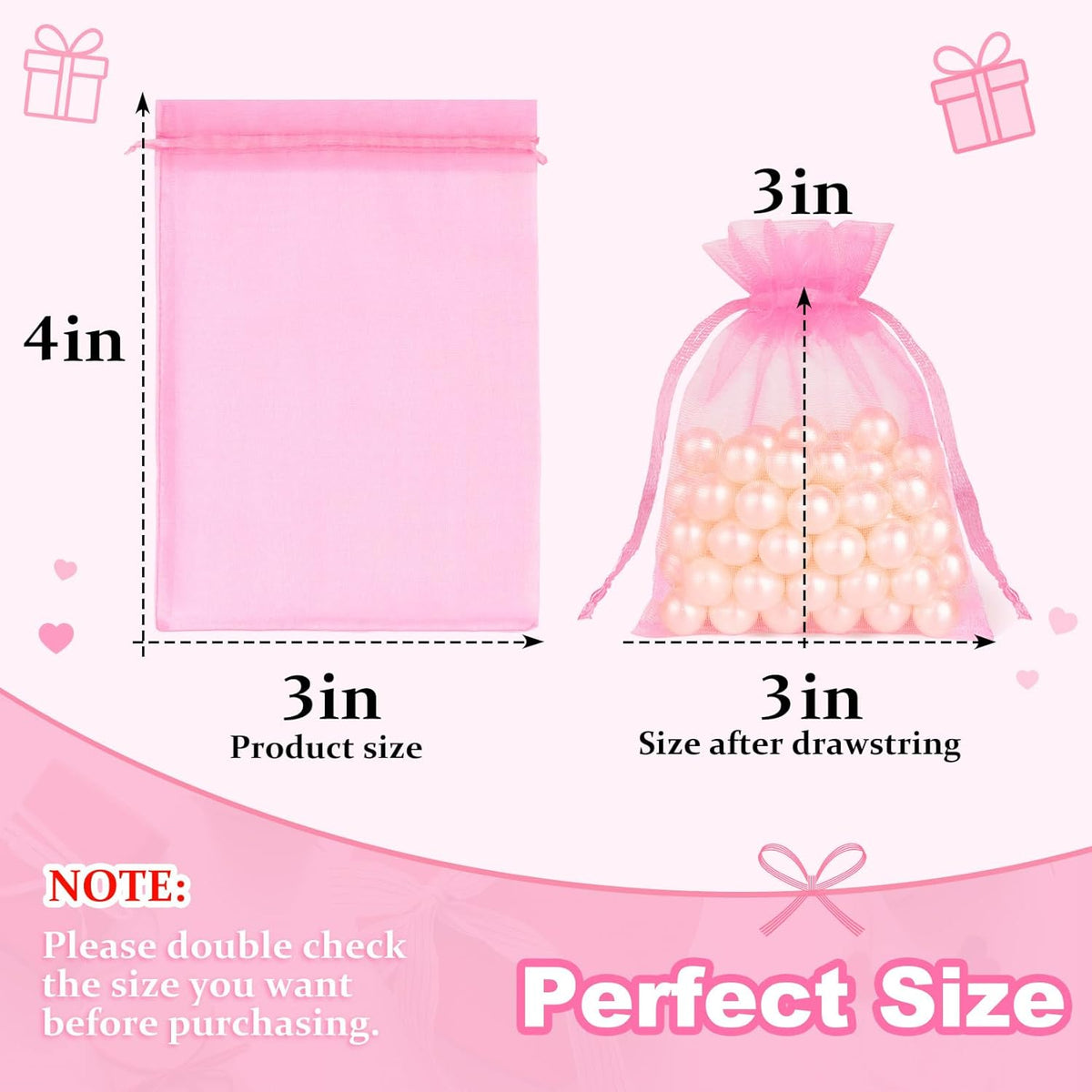 50 Pcs Organza Bags 3x4, Pink Small Mesh Gift Bags Drawstring Bulk