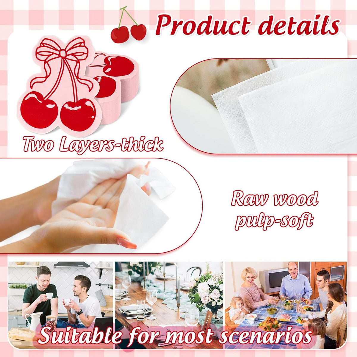 100Pcs Bow Cherry Napkins Cute Cherry Shape Disposable Napkins Red Pink Paper Luncheon Dinner Napkin for Birthday Wedding Baby Bridal Shower Table Supplies