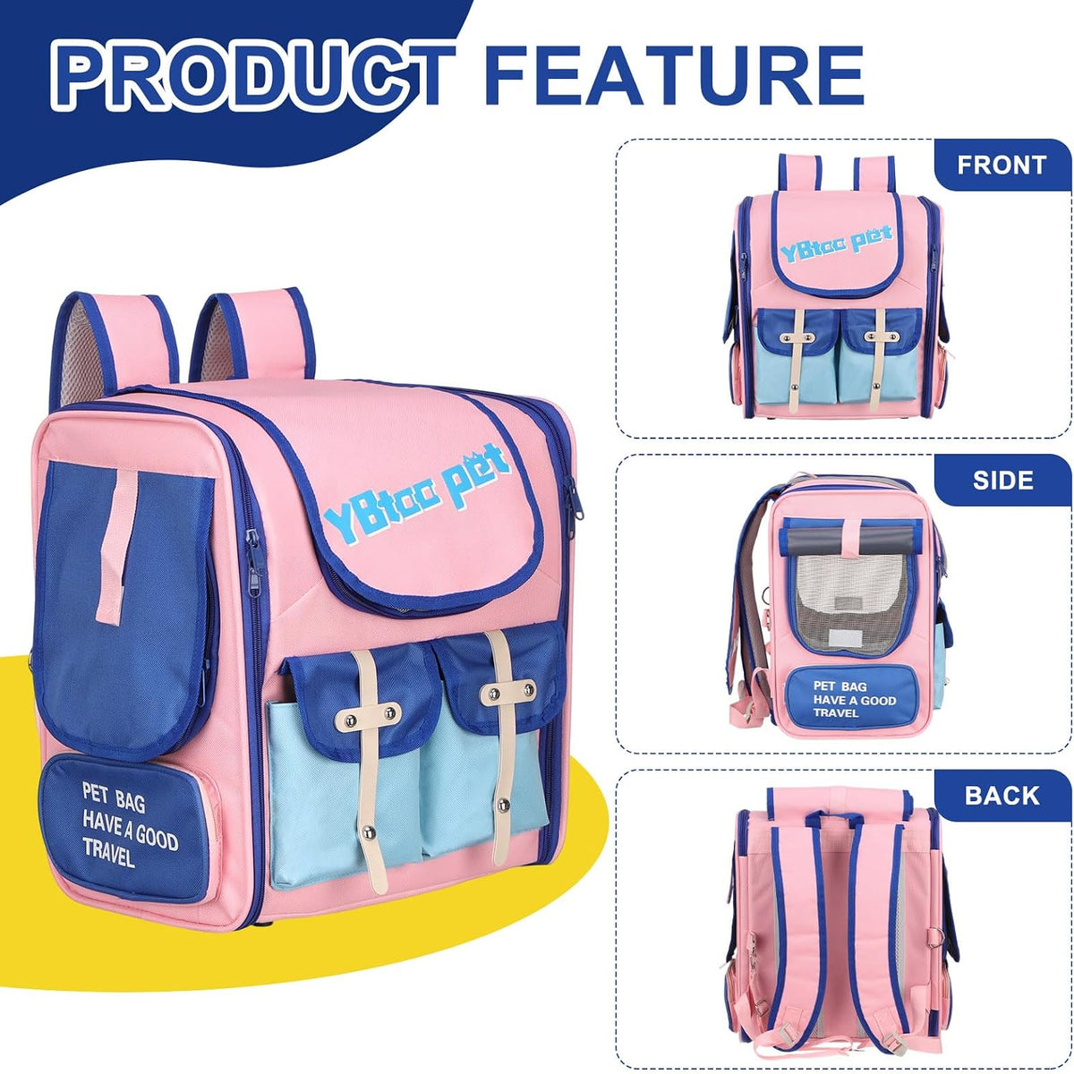 Pet Backpack Carrier, Portable and Ventilated, Oxford Cloth, Dogs Cats and Small Animals Travel Bag 13.39" Up to 16.5 Lbs, (Pink, Blue), Intended for Hiking/Camping/Traveling