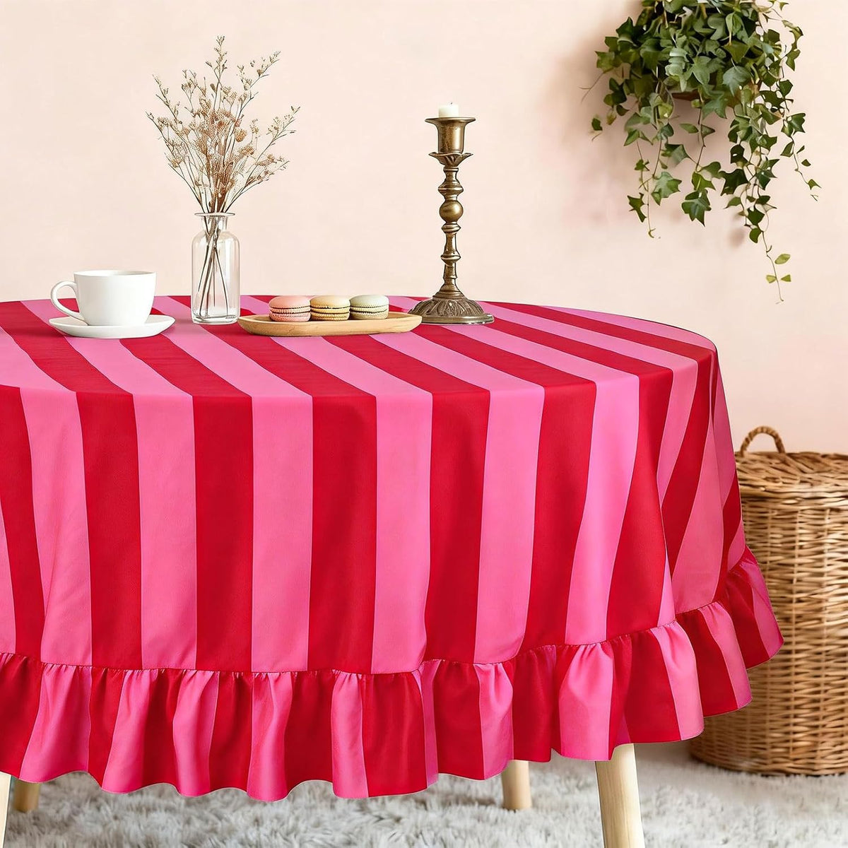 Ruffle Tablecloth Boho Pink Red Striped Table Cloth Round Decorative Table Cover for Home Kitchen Baby Shower Party Wedding Decor, 70 Inch