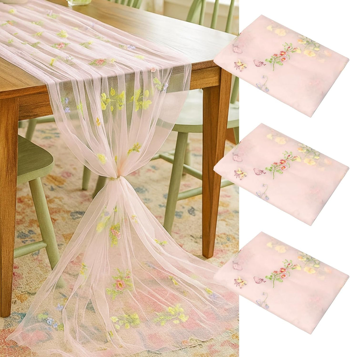 3 Pcs Pink Wildflower Table Runner 10ft Embroidery Tulle