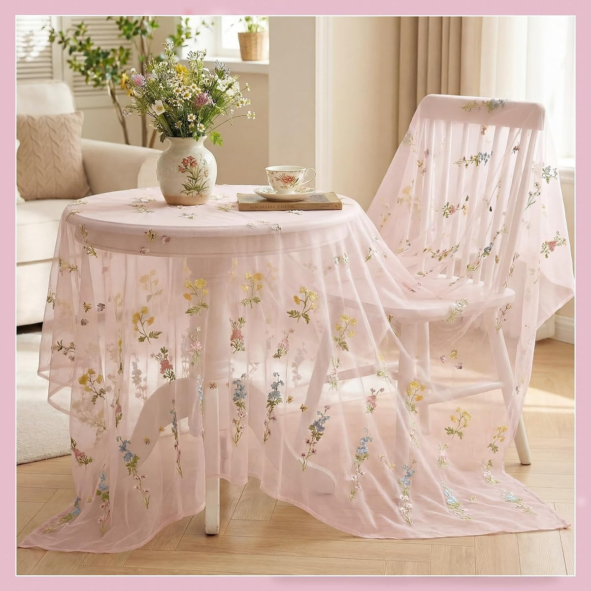 3 Pcs Pink Wildflower Table Runner 10ft Embroidery Tulle