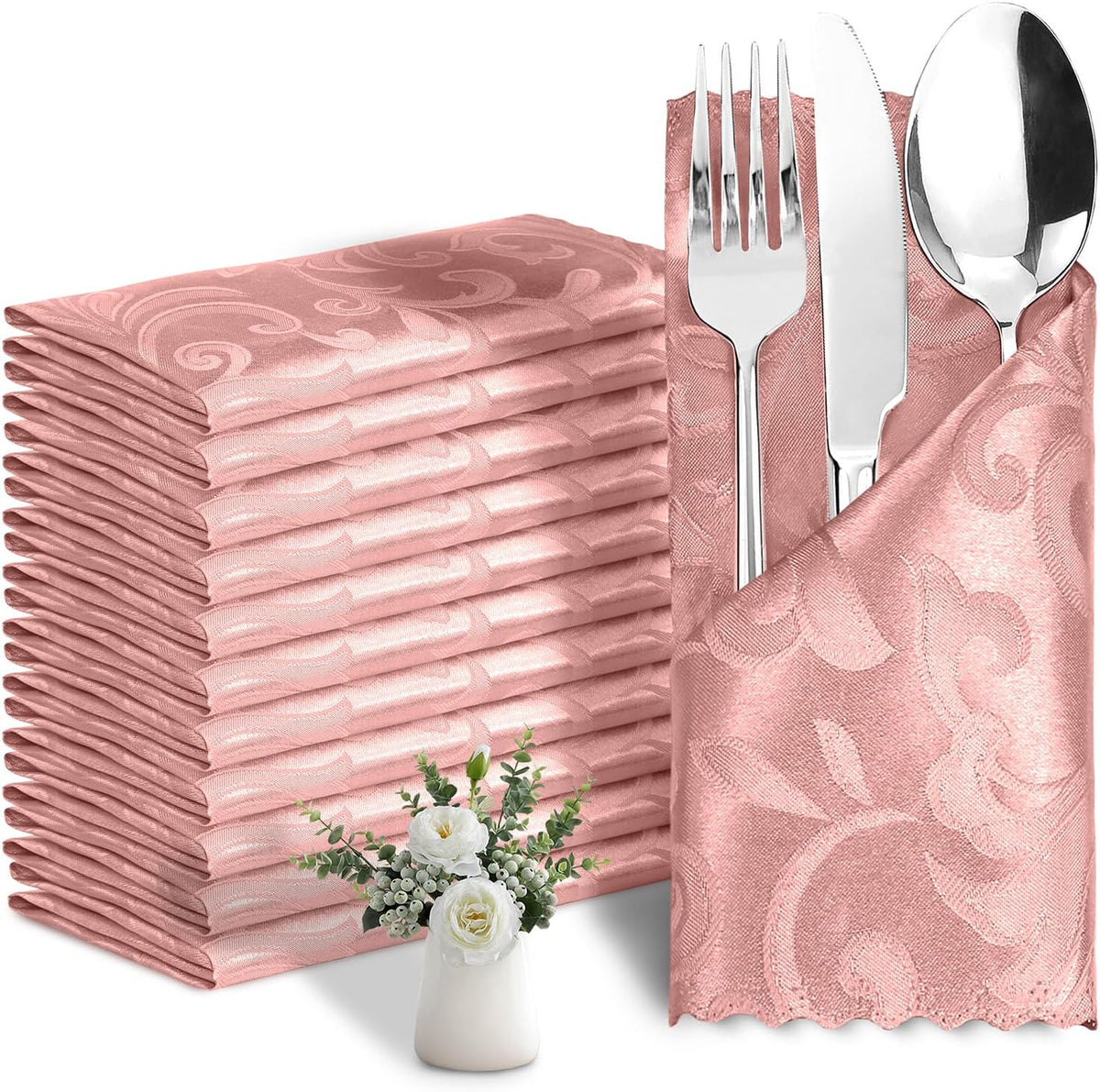 12 Pack Rose Gold Damask Satin Napkins 17 x 17 Inch