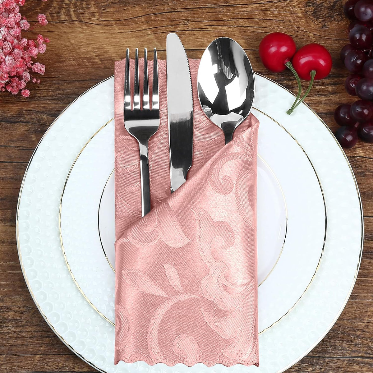 12 Pack Rose Gold Damask Satin Napkins 17 x 17 Inch