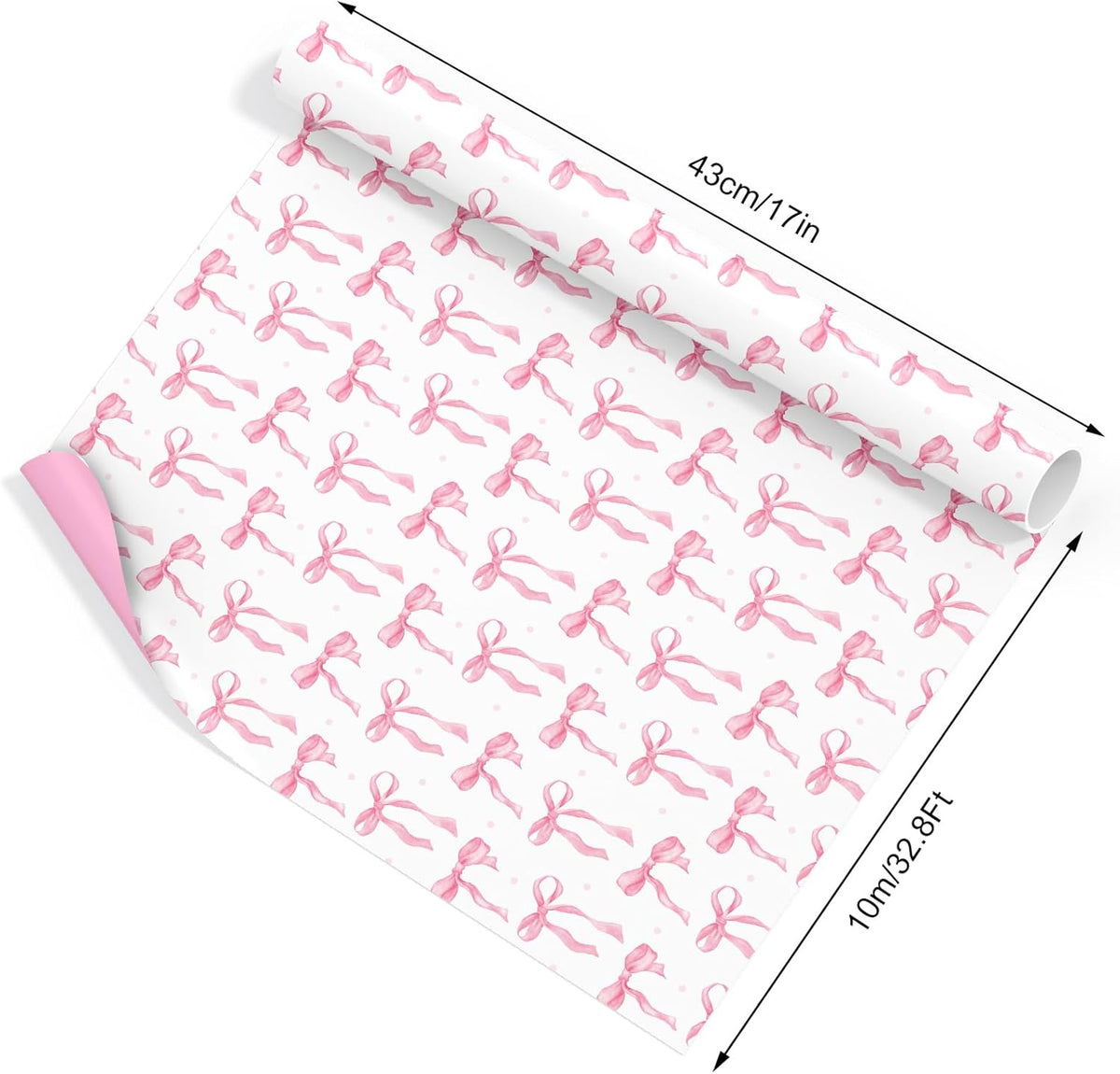 Pink Bow Wrapping Paper -Mini Roll- 17In x 32.8Ft Cute Coquette Bowknot Gift Wrap Paper Double-Printed Craft Sheet for Birthday Bridal Party Packing Supplies
