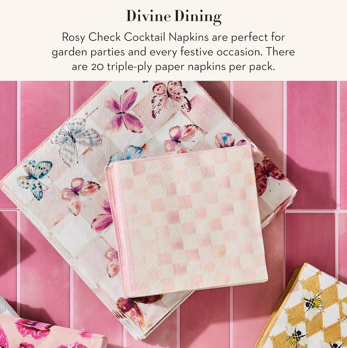 MACKENZIE-CHILDS Cocktail Paper Napkins, Stylish Paper Cocktail Napkins for Parties and More, Pink-and-White Rosy Check