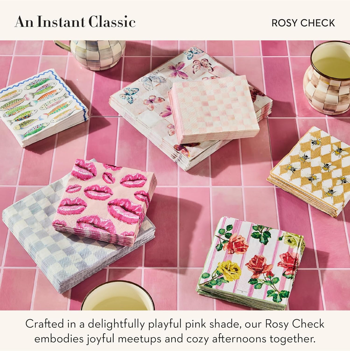 MACKENZIE-CHILDS Cocktail Paper Napkins, Stylish Paper Cocktail Napkins for Parties and More, Pink-and-White Rosy Check