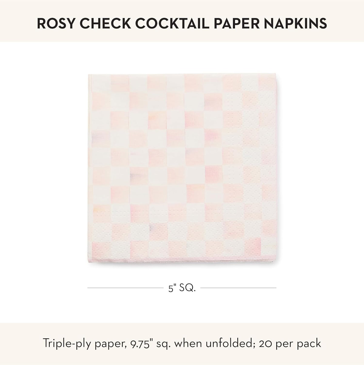MACKENZIE-CHILDS Cocktail Paper Napkins, Stylish Paper Cocktail Napkins for Parties and More, Pink-and-White Rosy Check
