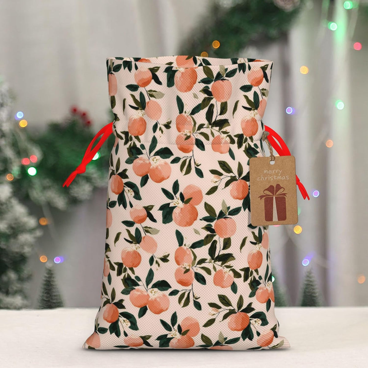 Qewfoju Fruits Peach 2 Pattern Holiday Gift Bags Christmas Burlap Gift Bags Drawstring for Wedding Party Favors Xmas Gifts Couple Shower Medium