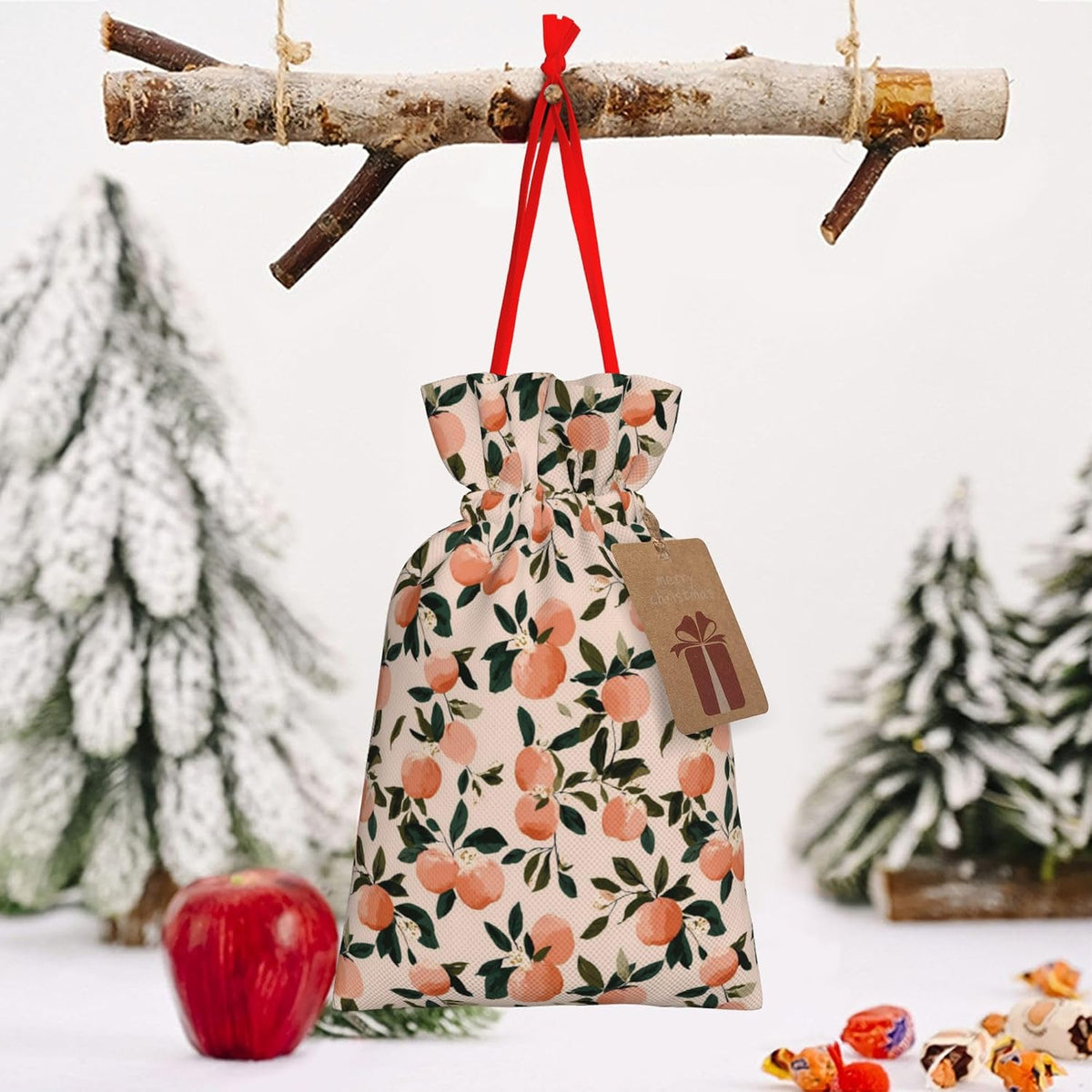 Qewfoju Fruits Peach 2 Pattern Holiday Gift Bags Christmas Burlap Gift Bags Drawstring for Wedding Party Favors Xmas Gifts Couple Shower Medium