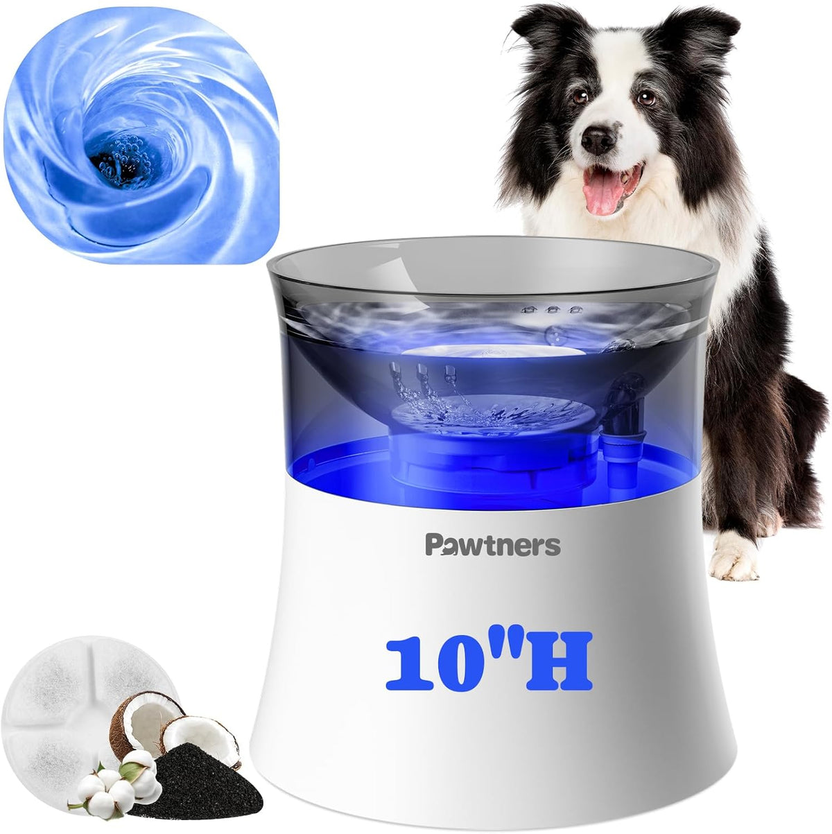 Pawtners 1 Gal/3.5L Dog Water Fountain,Elevated Dog Water Bowl Dispenser | Vortex Flow filter,Automatic Pet Water Fountain for Large Dogs Inside, Deep Drinking Area and Quiet Pump, 10" H