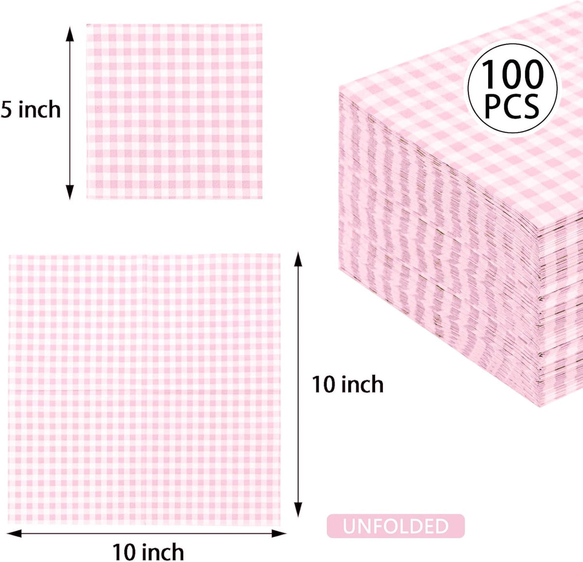 FLOWERCAT 100-Count 2-Ply Pink Gingham Cocktail Napkins Checkered - Pink Cocktail Napkins Disposable Premium Quality- 5“ x 5" Paper Napkins for Party,Bar,Birthday,Mother's Day