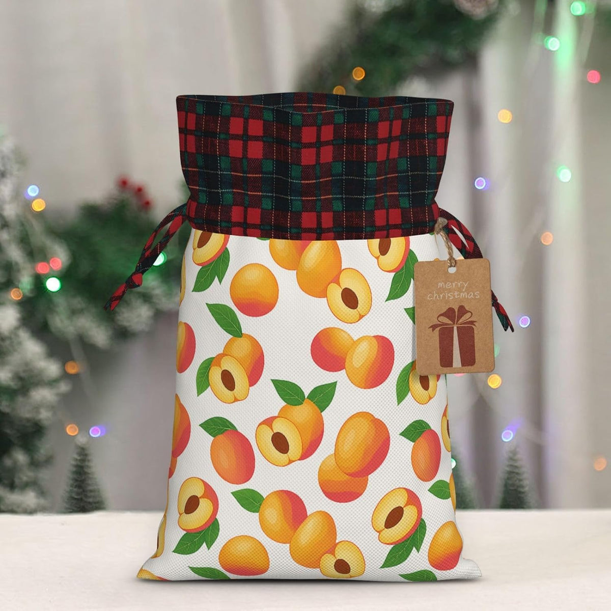 Dyale Fresh Peach Fruit Christmas Color Blocked Drawstring Linen Bun Gift Bags