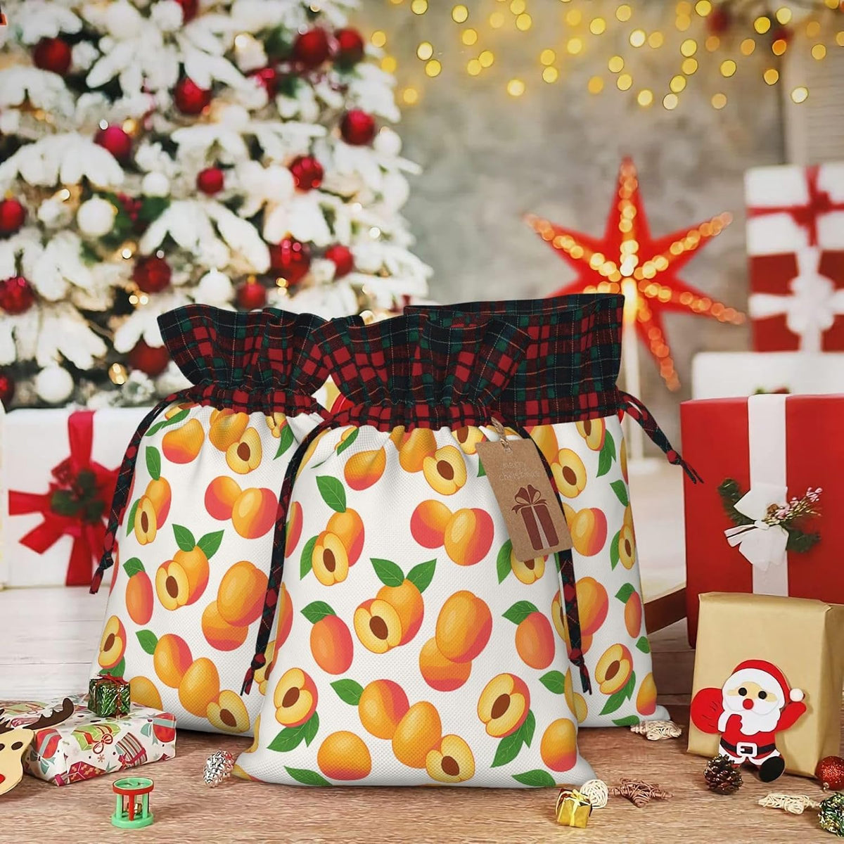 Dyale Fresh Peach Fruit Christmas Color Blocked Drawstring Linen Bun Gift Bags