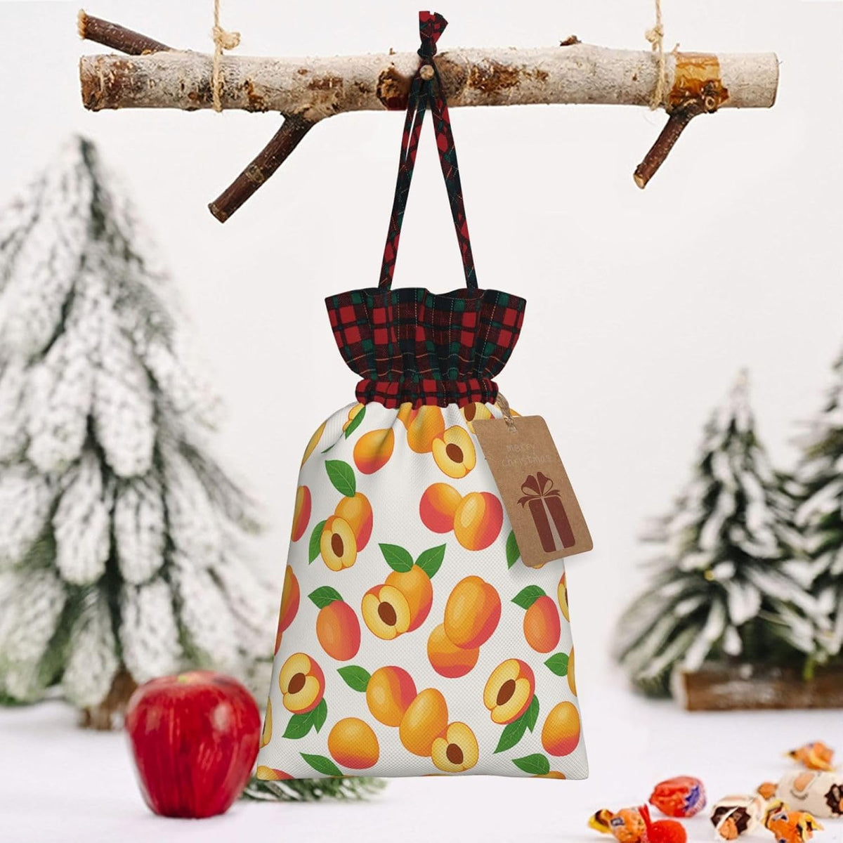 Dyale Fresh Peach Fruit Christmas Color Blocked Drawstring Linen Bun Gift Bags