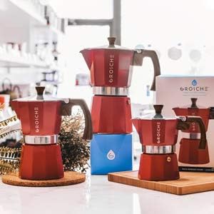 GROSCHE Milano 6 Espresso Cup, 9.3 oz Red Stovetop Espresso Maker - Italian Moka Pot | Cuban Coffee Maker And Italian Moka Pot For Stovetop Espresso; For Gas, Electric, And Propane Stoves With A Soft-Touch Handle