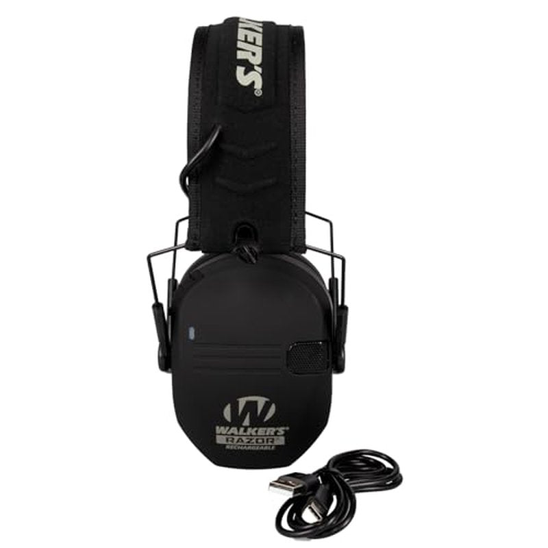 WALKER'S Razor Rechargeable Electronic Muff - HD Speakers 21dB NRR Compact Collapsible Hunting Shooting Hearing Protection Earmuffs, USB Charging Cable Included, Black