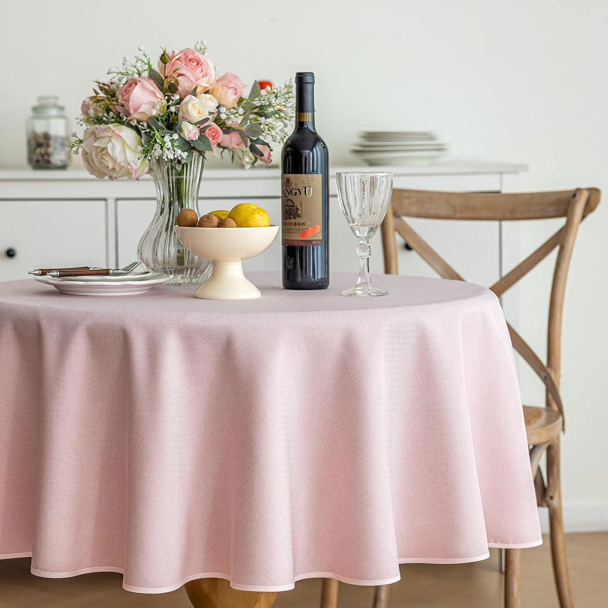 Pink Round Tablecloth Linen Style Fabric, 60 Inch