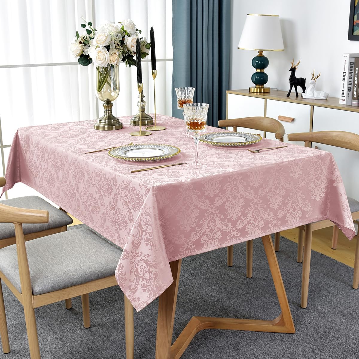 Floral Jacquard Tablecloth Rectangle 52 x 70 Inch, Pink