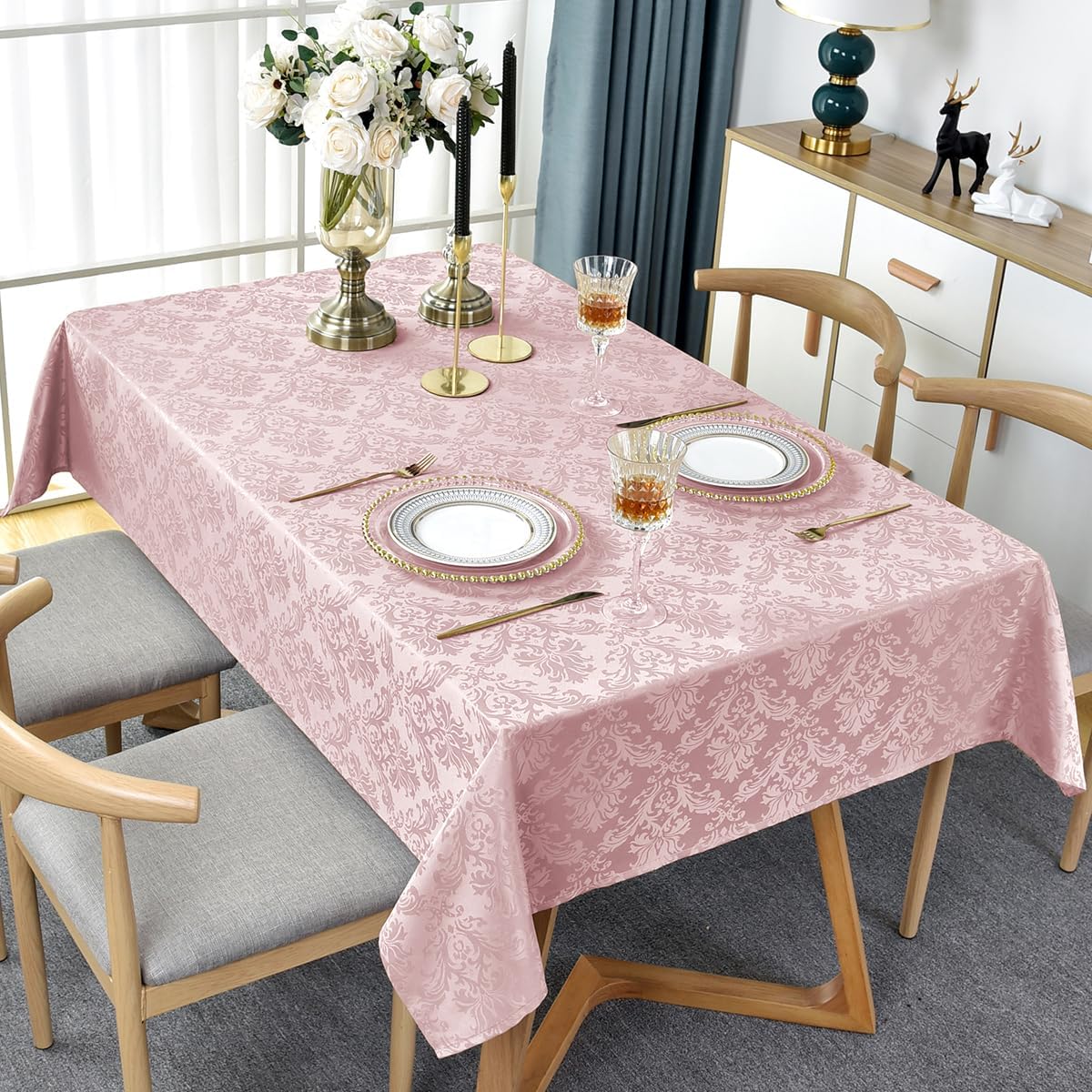 Floral Jacquard Tablecloth Rectangle 52 x 70 Inch, Pink