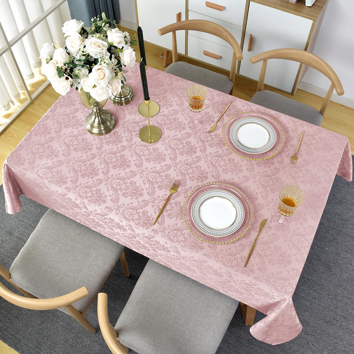 Floral Jacquard Tablecloth Rectangle 52 x 70 Inch, Pink