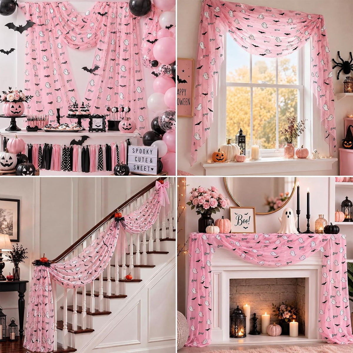 4 Pcs Pink Halloween Table Runners 29 x 70 in Ghosts Bats Party Decor