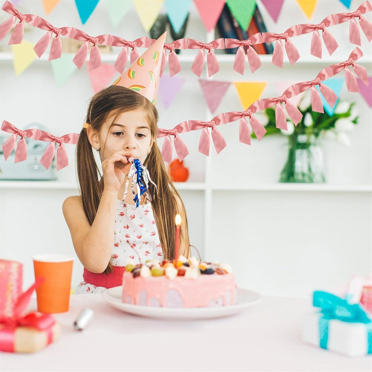 2pcs Peach Pink Bow Garland Banner Ribbon Bow Party Décor for Baby Shower Women Girls Bow Coquette Birthday Party Decorations